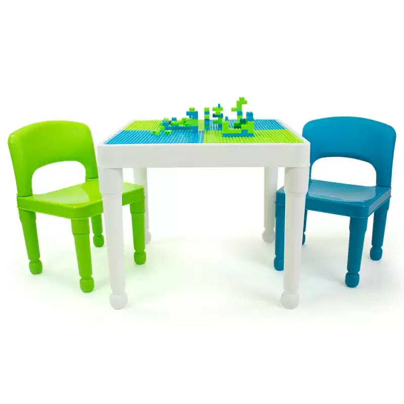 Tavolo attività quadrato per bambini bianco/verde/blu e set 2 sedie, 3 pezzi, età 3+