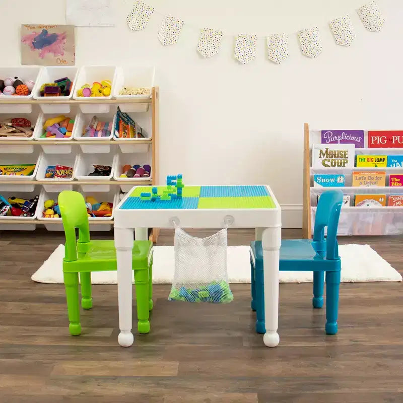 Tavolo attività quadrato per bambini bianco/verde/blu e set 2 sedie, 3 pezzi, età 3+