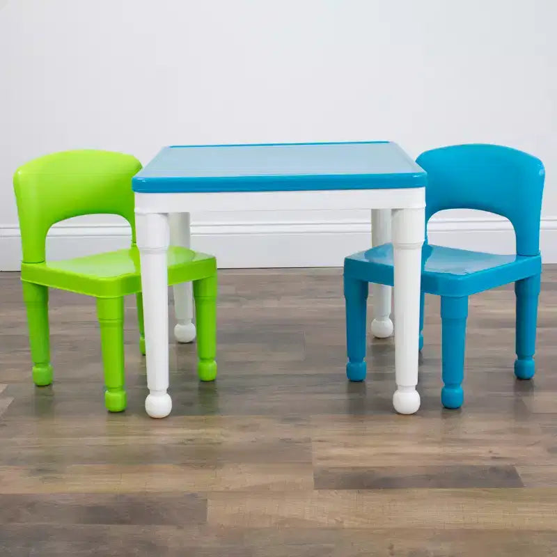 Tavolo attività quadrato per bambini bianco/verde/blu e set 2 sedie, 3 pezzi, età 3+