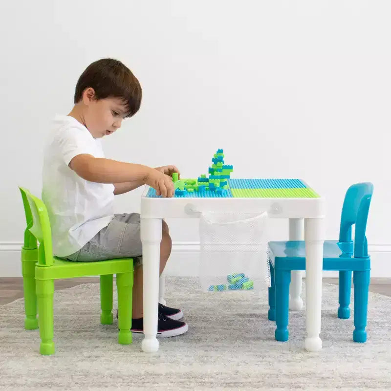 Tavolo attività quadrato per bambini bianco/verde/blu e set 2 sedie, 3 pezzi, età 3+