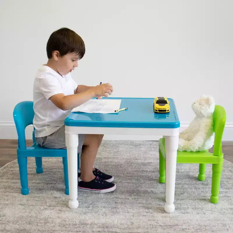 Tavolo attività quadrato per bambini bianco/verde/blu e set 2 sedie, 3 pezzi, età 3+