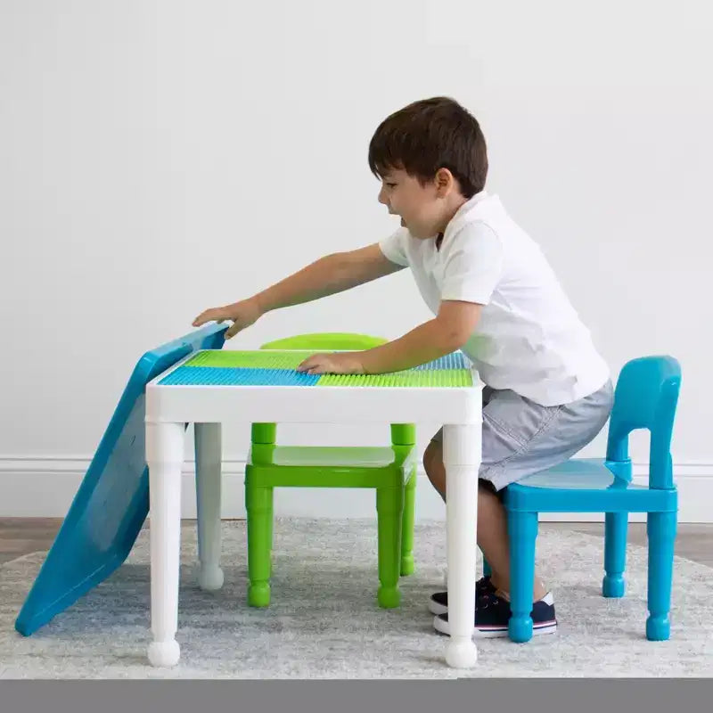 Tavolo attività quadrato per bambini bianco/verde/blu e set 2 sedie, 3 pezzi, età 3+