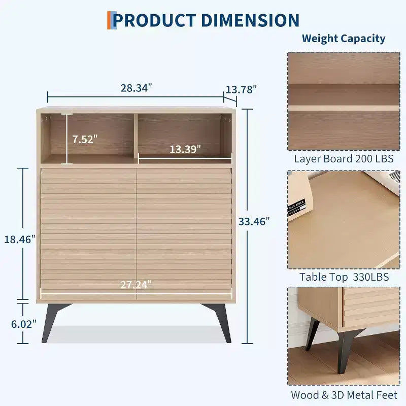 Credenza marrone/legno con ante scanalate, 2 ante e 2 ripiani, montaggio per 1 persona