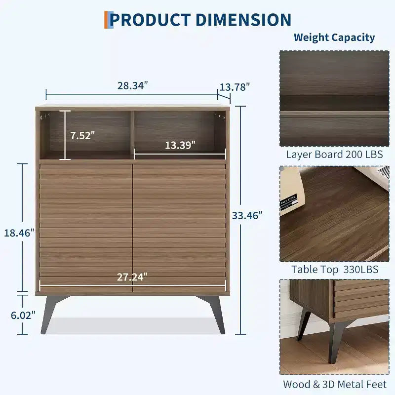 Credenza marrone/legno con ante scanalate, 2 ante e 2 ripiani, montaggio per 1 persona
