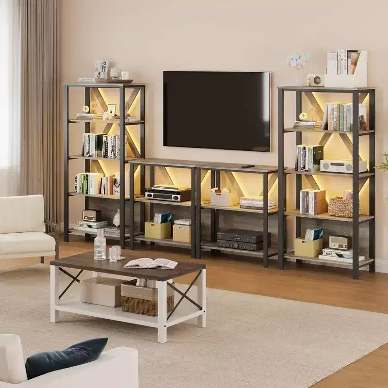 Libreria aperta industriale nera a 3/4/5 ripiani con luci LED, per 1 persona