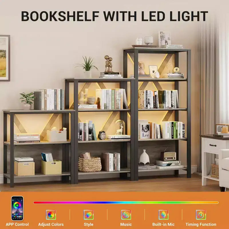 Libreria aperta industriale nera a 3/4/5 ripiani con luci LED, per 1 persona