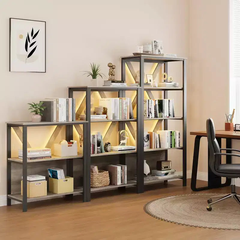 Libreria aperta industriale nera a 3/4/5 ripiani con luci LED, per 1 persona