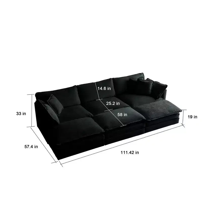 Divano componibile a U beige / nero / verde, 6 posti, con 3 pouf e 5 cuscini