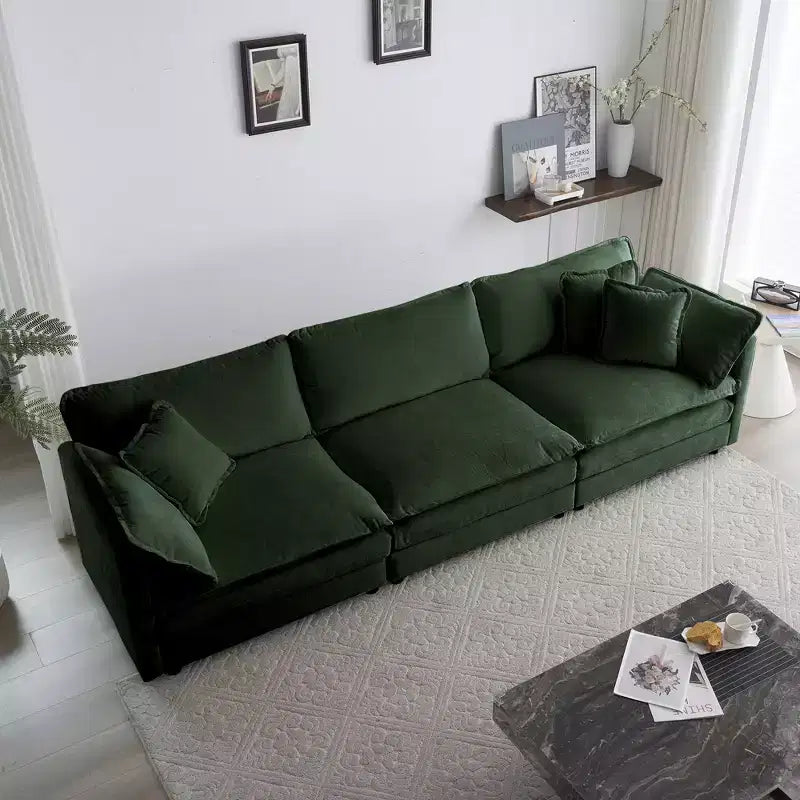 Divano componibile a U beige / nero / verde, 6 posti, con 3 pouf e 5 cuscini