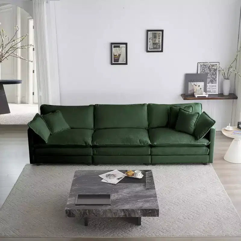 Divano componibile a U beige / nero / verde, 6 posti, con 3 pouf e 5 cuscini
