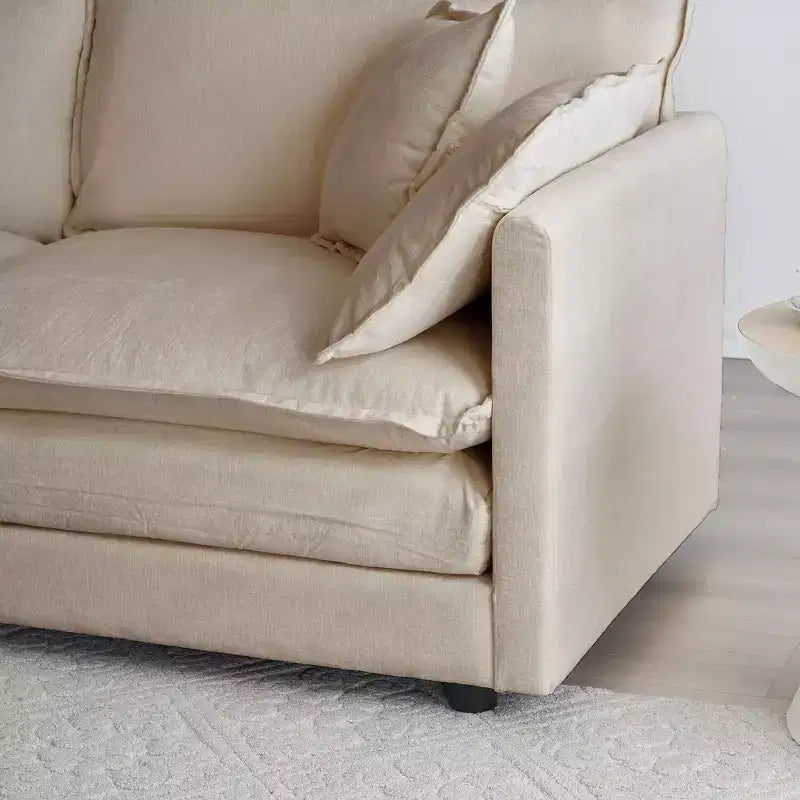 Divano componibile a U beige / nero / verde, 6 posti, con 3 pouf e 5 cuscini
