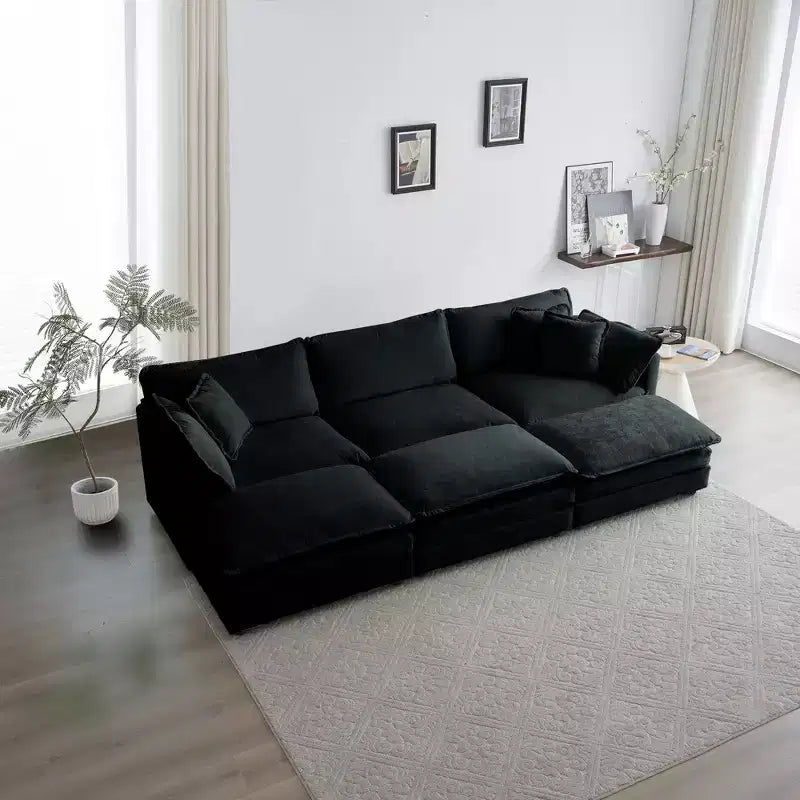 Divano componibile a U beige / nero / verde, 6 posti, con 3 pouf e 5 cuscini