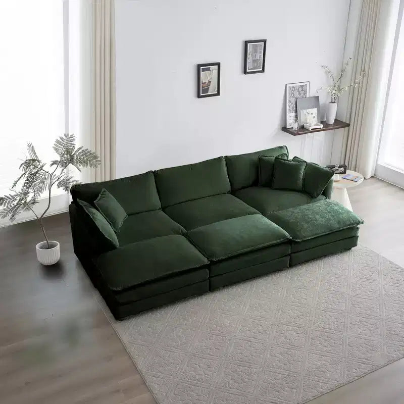 Divano componibile a U beige / nero / verde, 6 posti, con 3 pouf e 5 cuscini