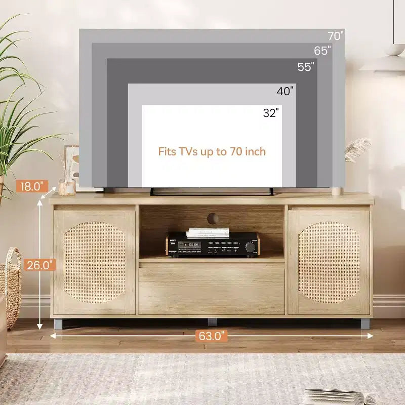 Mobile Porta TV in Rattan Naturale con Cassetto e Ripiani Aperti, Adatto per TV fino a 70"