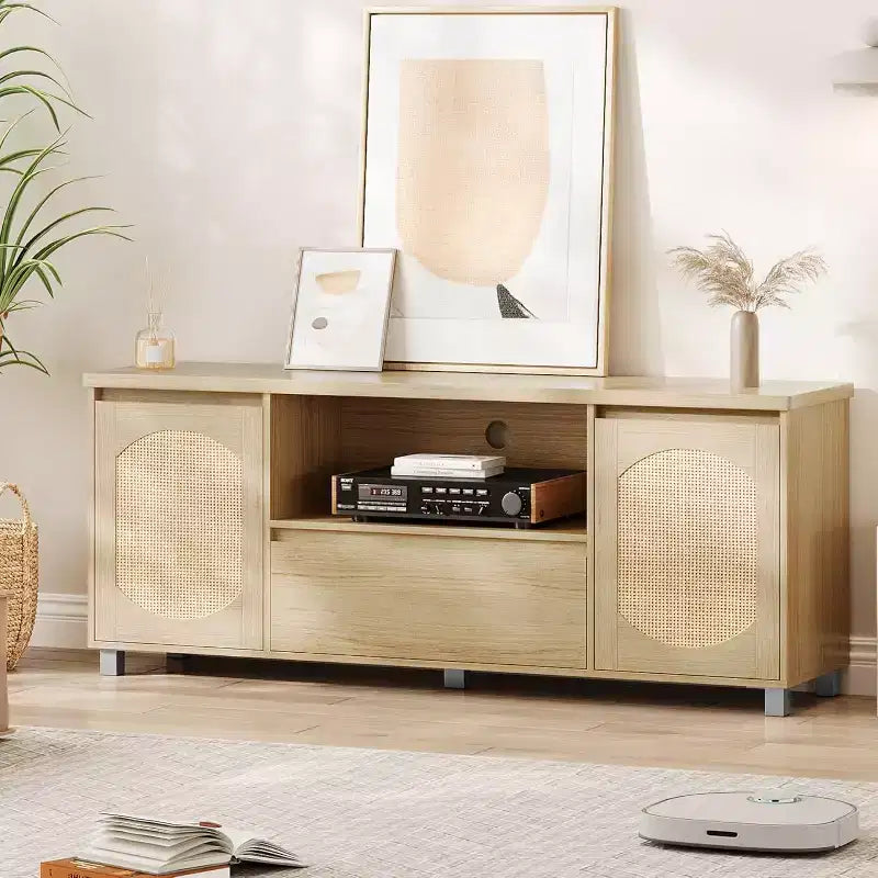 Mobile Porta TV in Rattan Naturale con Cassetto e Ripiani Aperti, Adatto per TV fino a 70"