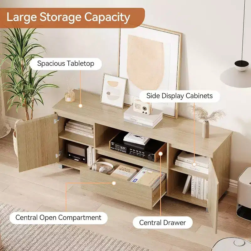Mobile Porta TV in Rattan Naturale con Cassetto e Ripiani Aperti, Adatto per TV fino a 70"