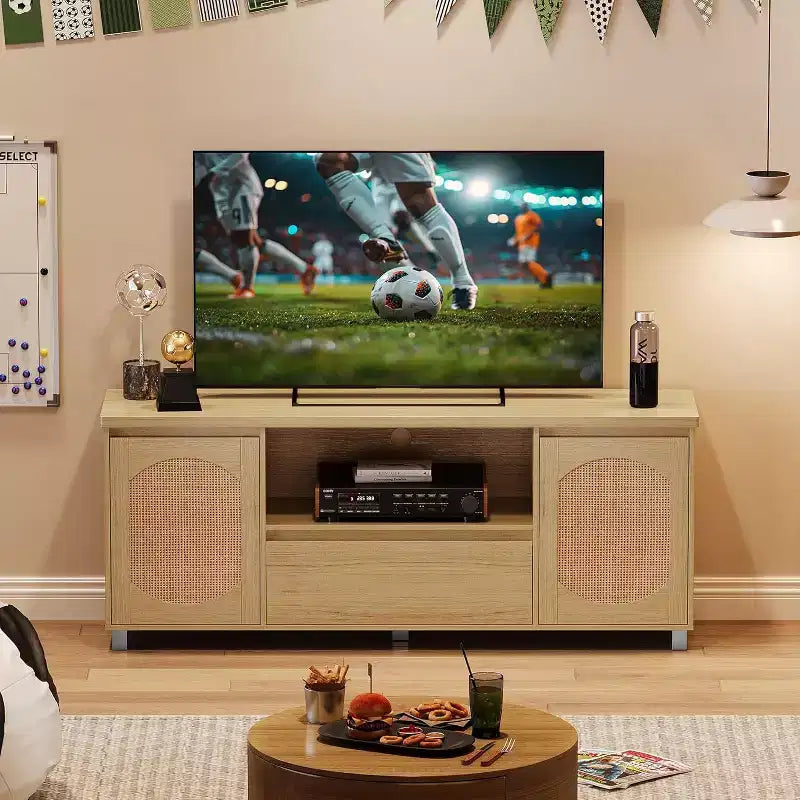 Mobile Porta TV in Rattan Naturale con Cassetto e Ripiani Aperti, Adatto per TV fino a 70"