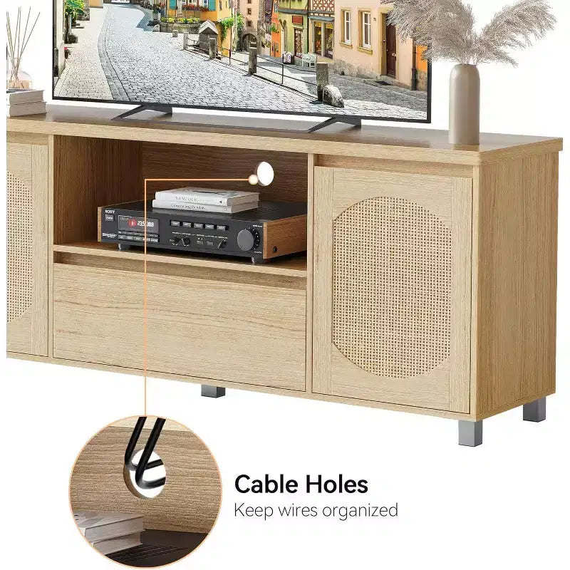 Mobile Porta TV in Rattan Naturale con Cassetto e Ripiani Aperti, Adatto per TV fino a 70"
