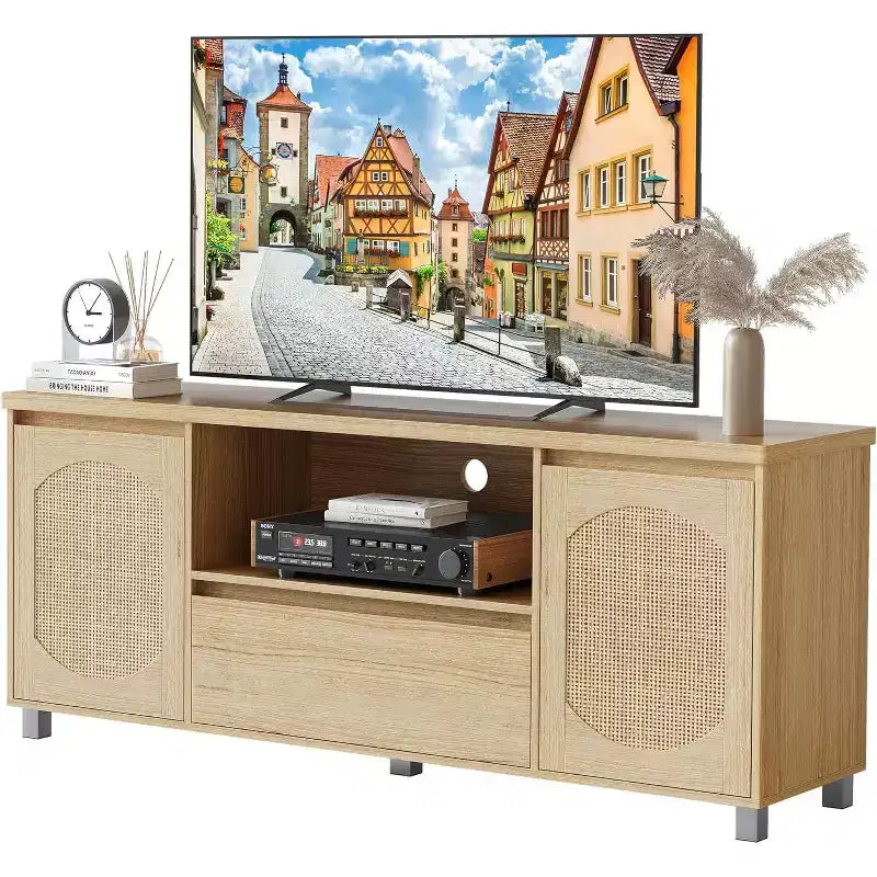 Mobile Porta TV in Rattan Naturale con Cassetto e Ripiani Aperti, Adatto per TV fino a 70"