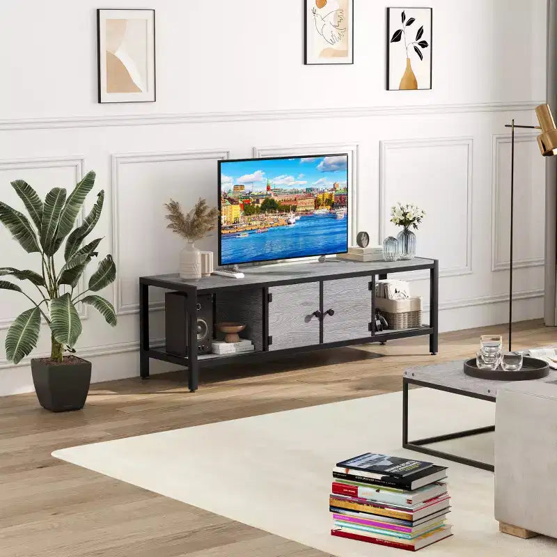 Mobile TV industriale grigio / marrone rustico, 58" e 65", adatto per TV fino a 65" (montaggio da 2 persone)