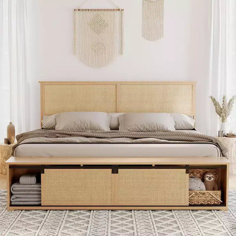 DobleePy King Size Natural Rattan Bed Frame with Sliding Barn Door Storage & LED Headboard, Boho Farmhouse Platform Bed, No Box Spring Needed