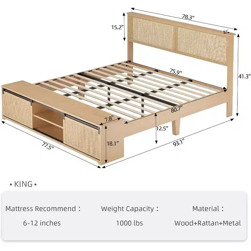 Struttura letto king-size in rattan naturale con contenitore ad ante scorrevoli e testiera a LED, per 2 persone