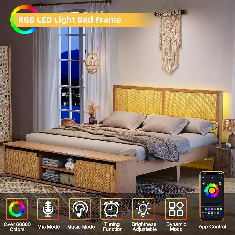 Struttura letto king-size in rattan naturale con contenitore ad ante scorrevoli e testiera a LED, per 2 persone