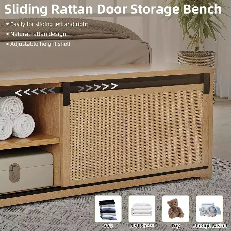 Struttura letto king-size in rattan naturale con contenitore ad ante scorrevoli e testiera a LED, per 2 persone