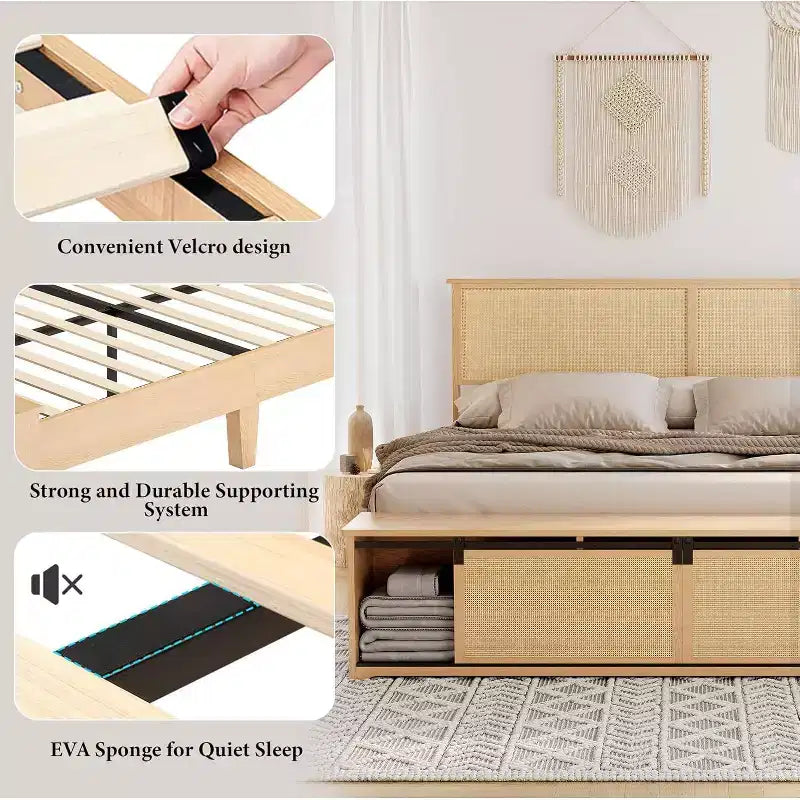 Struttura letto king-size in rattan naturale con contenitore ad ante scorrevoli e testiera a LED, per 2 persone