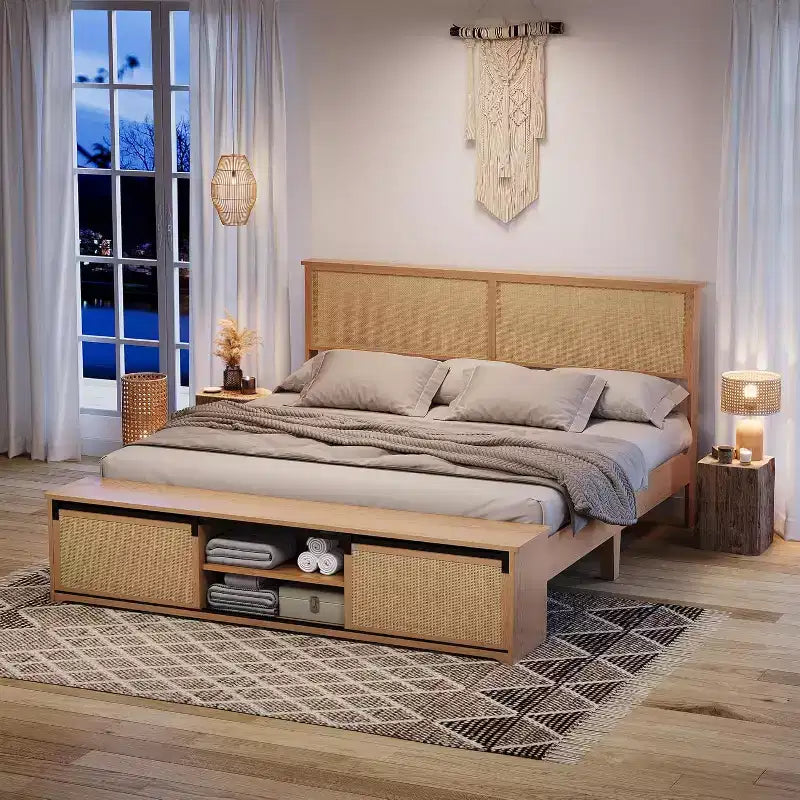 Struttura letto king-size in rattan naturale con contenitore ad ante scorrevoli e testiera a LED, per 2 persone