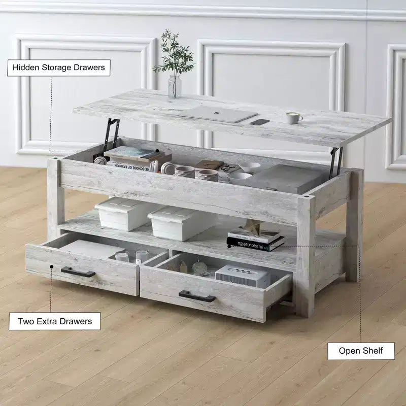 Tavolino da Caffè con Piano Sollevabile Marrone/Grigio, con Contenitore, 2 Cassetti, 1 Persona
