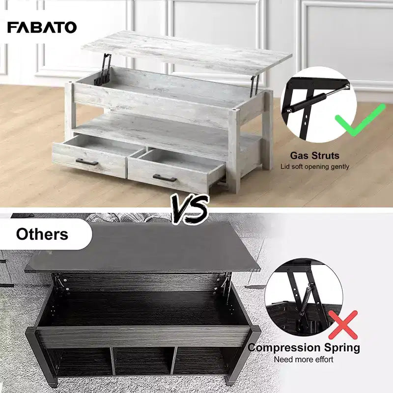 Tavolino da Caffè con Piano Sollevabile Marrone/Grigio, con Contenitore, 2 Cassetti, 1 Persona