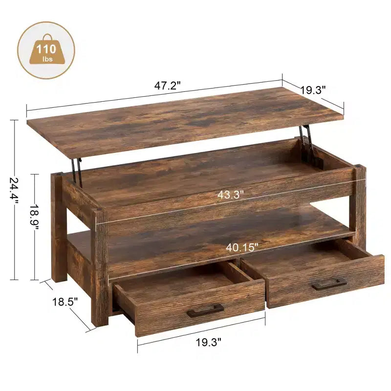 Tavolino da Caffè con Piano Sollevabile Marrone/Grigio, con Contenitore, 2 Cassetti, 1 Persona