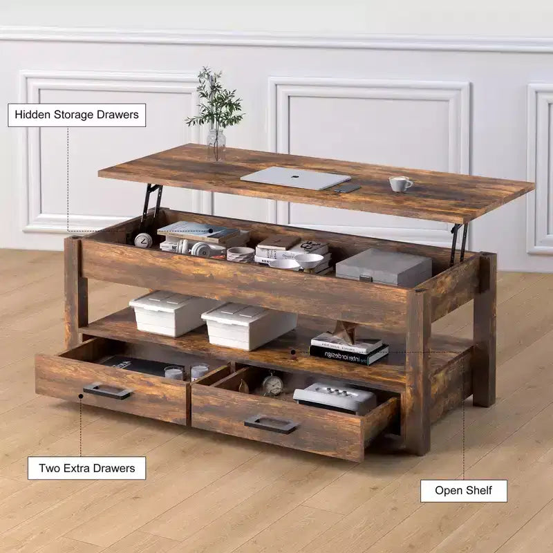 Tavolino da Caffè con Piano Sollevabile Marrone/Grigio, con Contenitore, 2 Cassetti, 1 Persona
