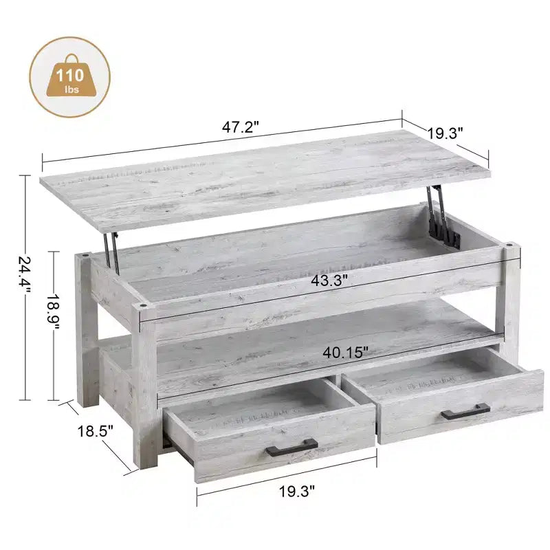Tavolino da Caffè con Piano Sollevabile Marrone/Grigio, con Contenitore, 2 Cassetti, 1 Persona