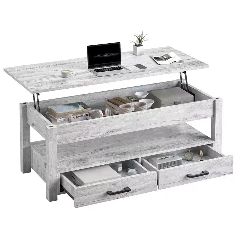 Tavolino da Caffè con Piano Sollevabile Marrone/Grigio, con Contenitore, 2 Cassetti, 1 Persona