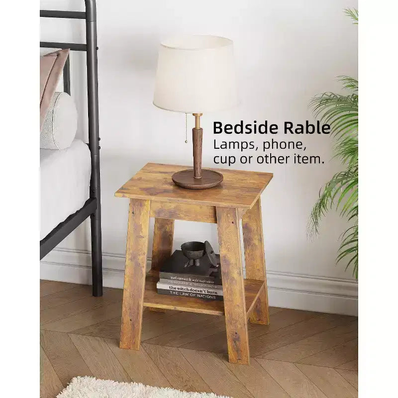 Set of 2 End Tables, Rustic Brown Side Tables with 2-Tier Storage Shelf, Square Nightstands for Entryway, Living Room, Bedroom, Farmhouse Style