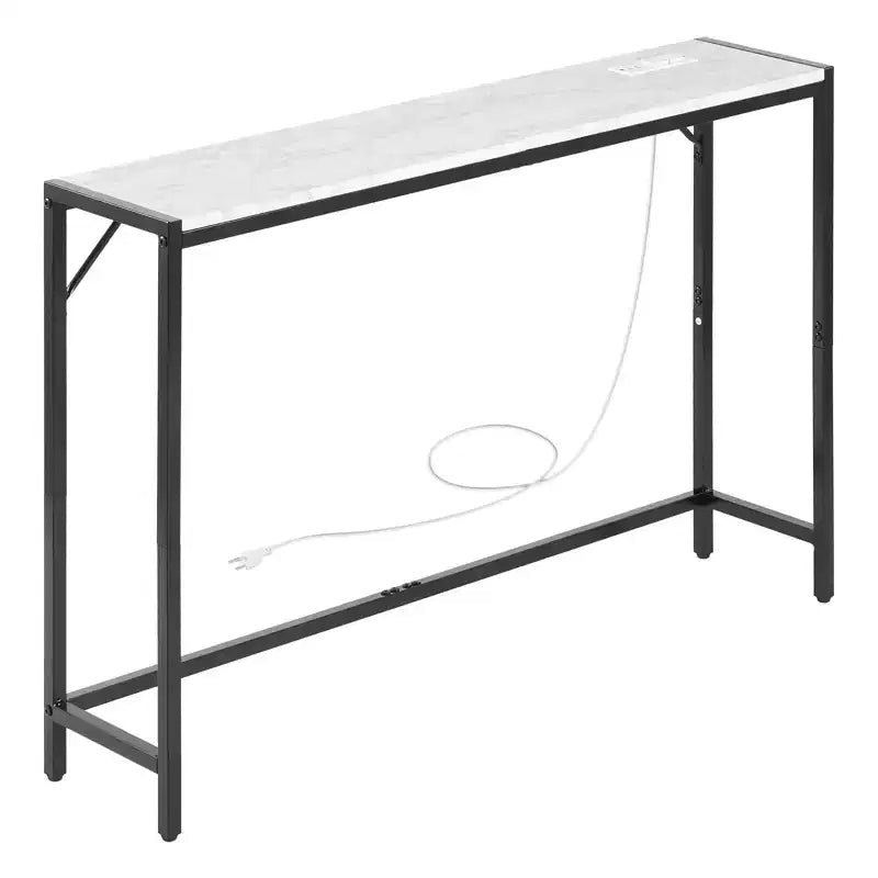 VEVOR Marble Console Table, Modern Narrow Long Console Table with Power Outlet, Thin Sofa Side Table with Iron Tubes, Anti-Tip Device, Black