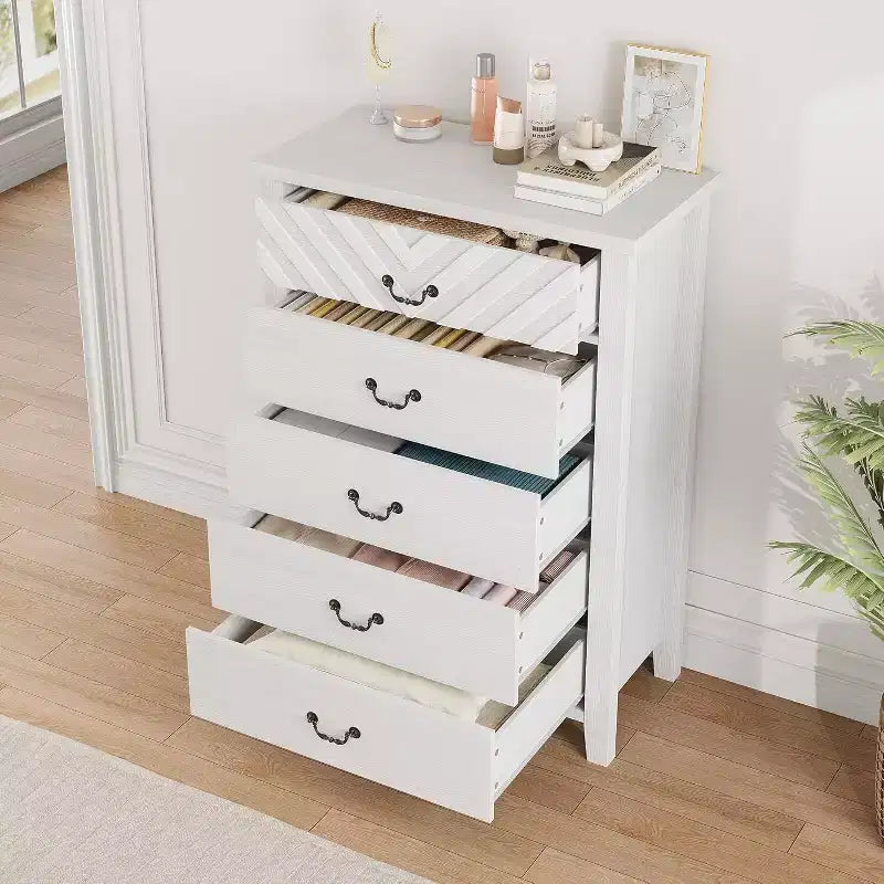 Comò verticale a 5 cassetti, marrone/bianco, alto 114,8 cm