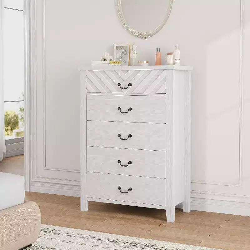Comò verticale a 5 cassetti, marrone/bianco, alto 114,8 cm