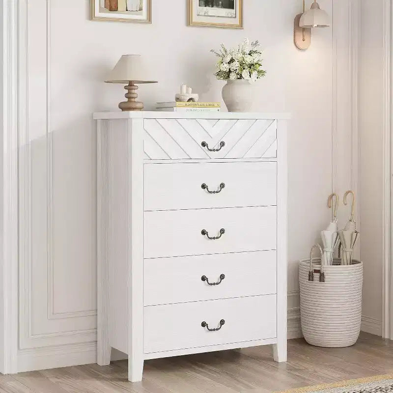Comò verticale a 5 cassetti, marrone/bianco, alto 114,8 cm