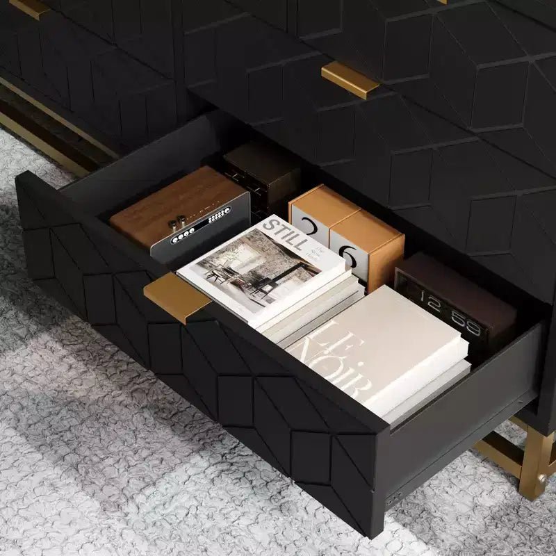 Cassettiera Nera a 7 Cassetti con Maniglie e Gambe Dorate, per 1 Persona