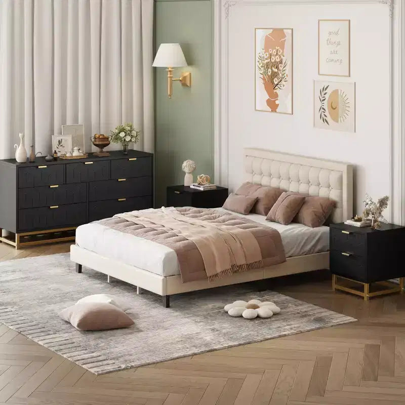 Cassettiera Nera a 7 Cassetti con Maniglie e Gambe Dorate, per 1 Persona