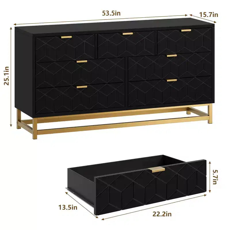 Cassettiera Nera a 7 Cassetti con Maniglie e Gambe Dorate, per 1 Persona