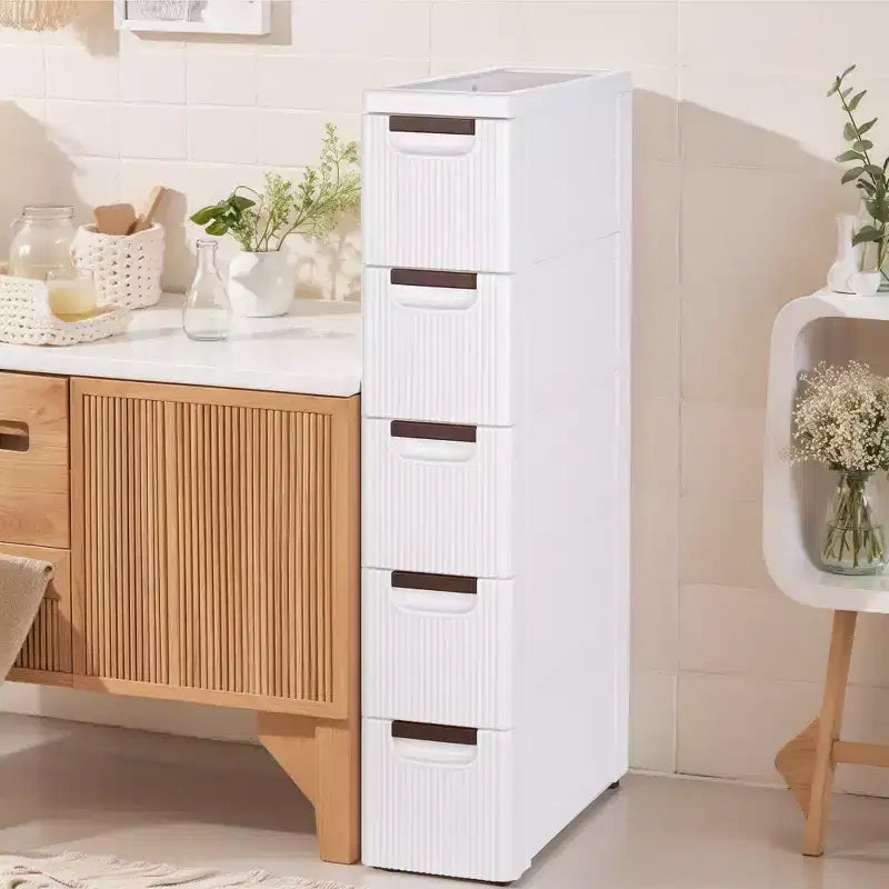 VECELO Narrow Bathroom Storage Cabinet, Mobile Plastic Slim Rolling Organizer Cart with Built-in 4 Wheels for Living Room or Bathroom, White