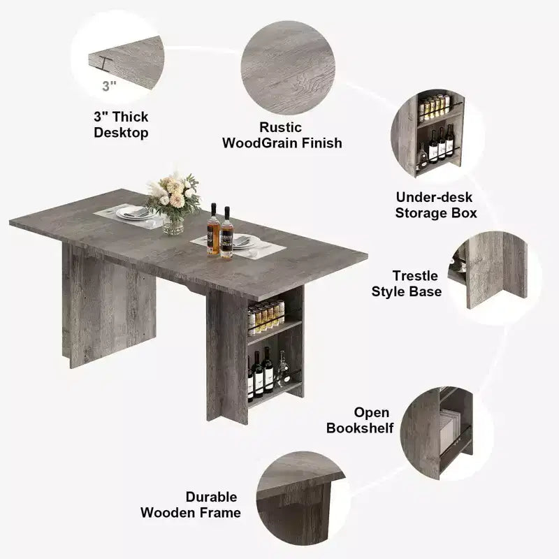 Tavolo da pranzo stile rustico grigio/noce con ripiani, 6 posti