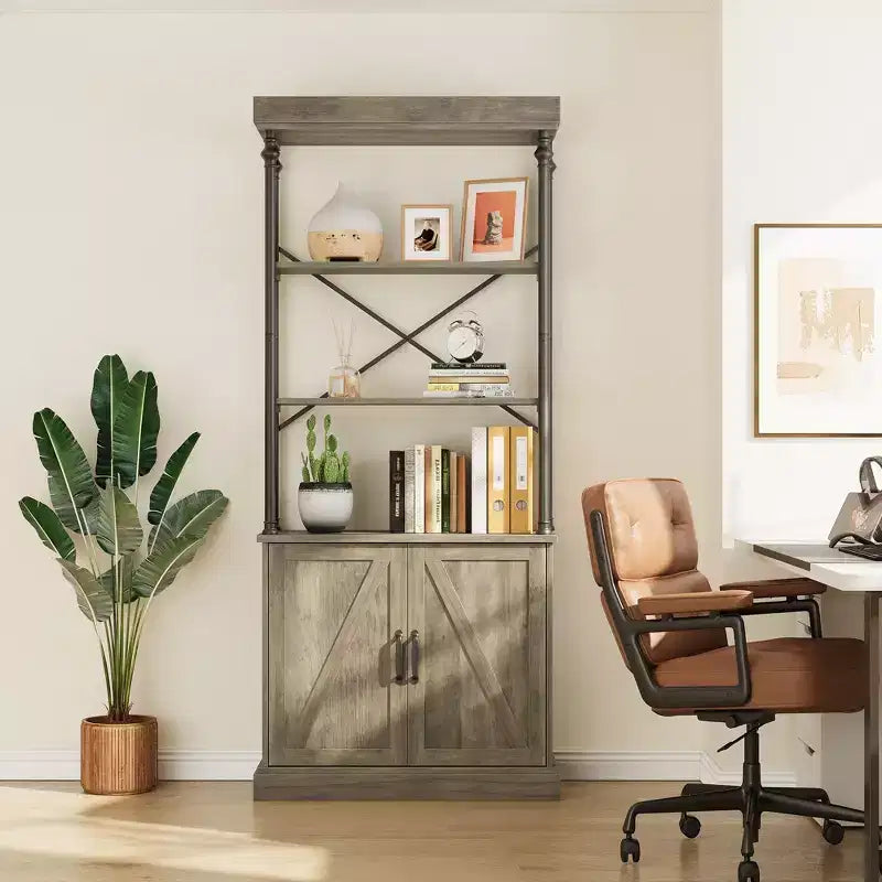 74 Industrial Farmhouse Bookcase with Doors Tall Wood & Metal Bookshelf with Storage Cabinet, Vintage Open Shelf Design
