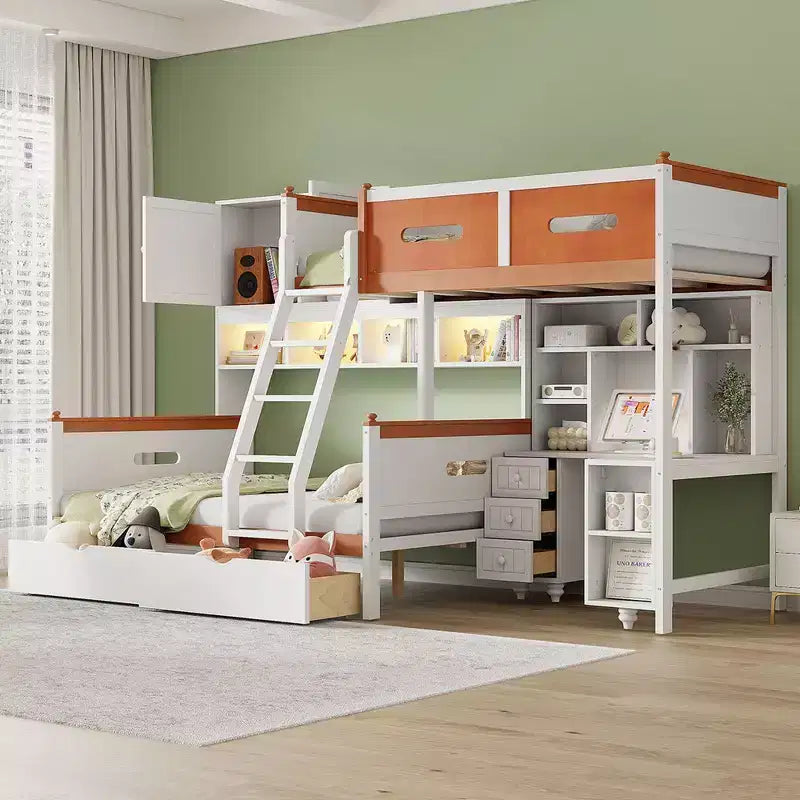 Letto a castello bianco e arancione con scrivania/armadio, LED e contenitore, età 6+