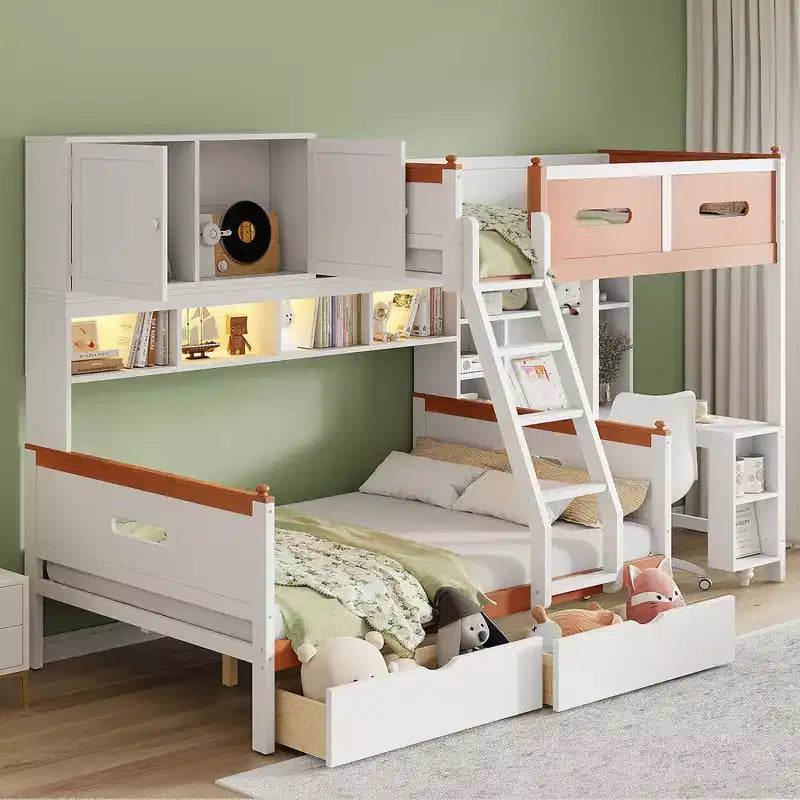 Letto a castello bianco e arancione con scrivania/armadio, LED e contenitore, età 6+