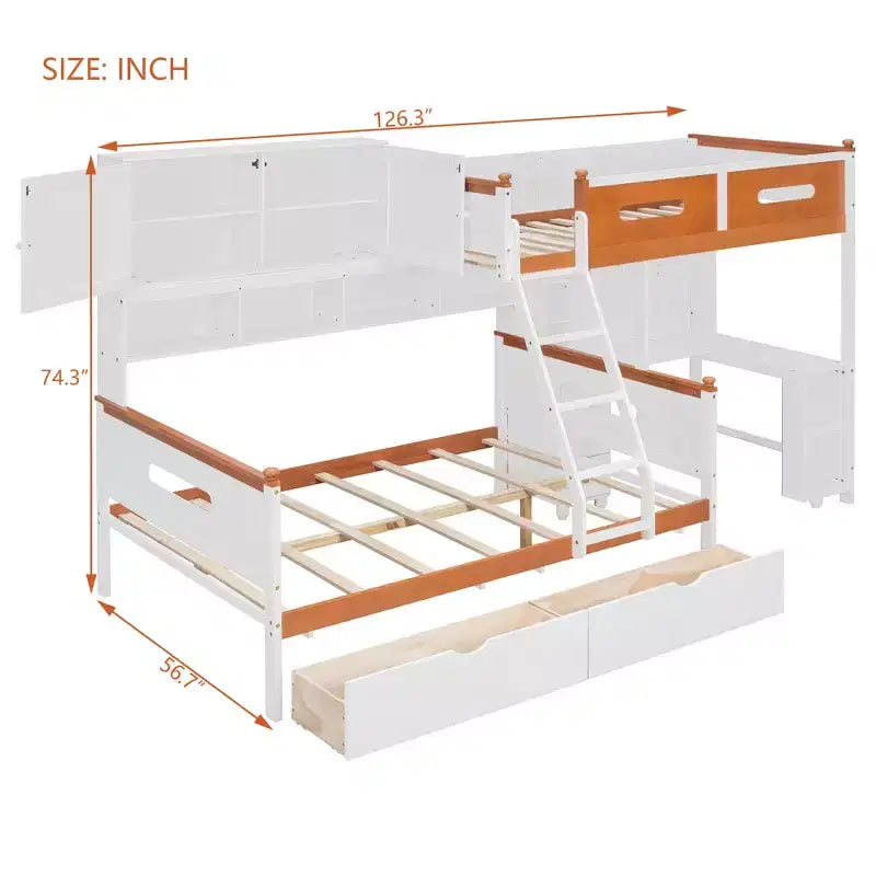 Letto a castello bianco e arancione con scrivania/armadio, LED e contenitore, età 6+